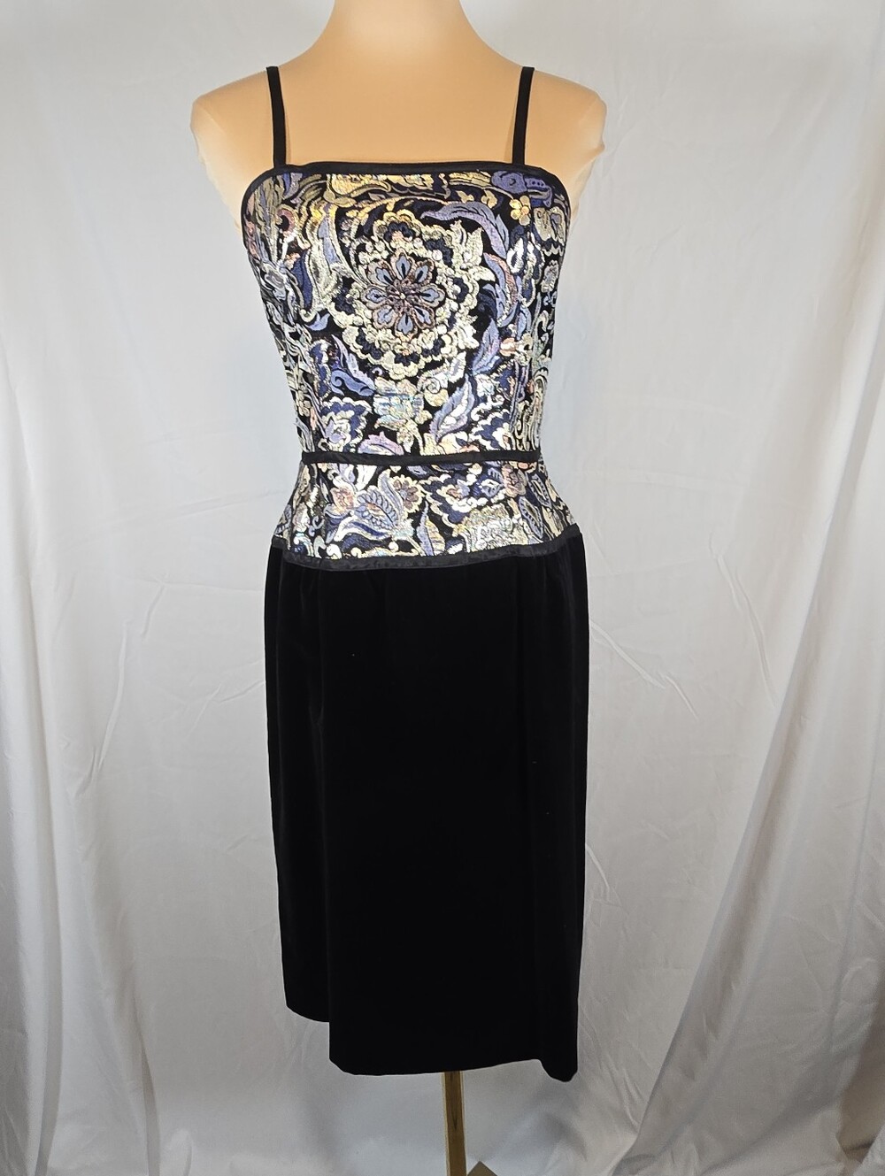 Vintage Black Velvet Dress with Metallic Brocade Bodice